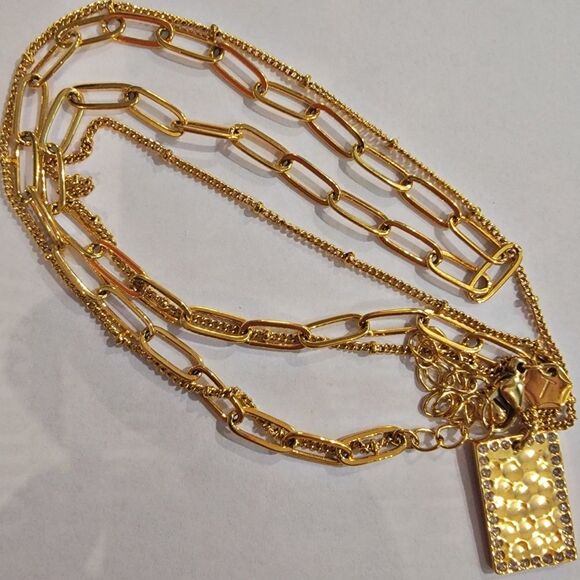 #Touchstone Golden Crystal Hammered Rect Pendant Dble Chain Necklace #NWOT #NIB - Picture 7 of 8